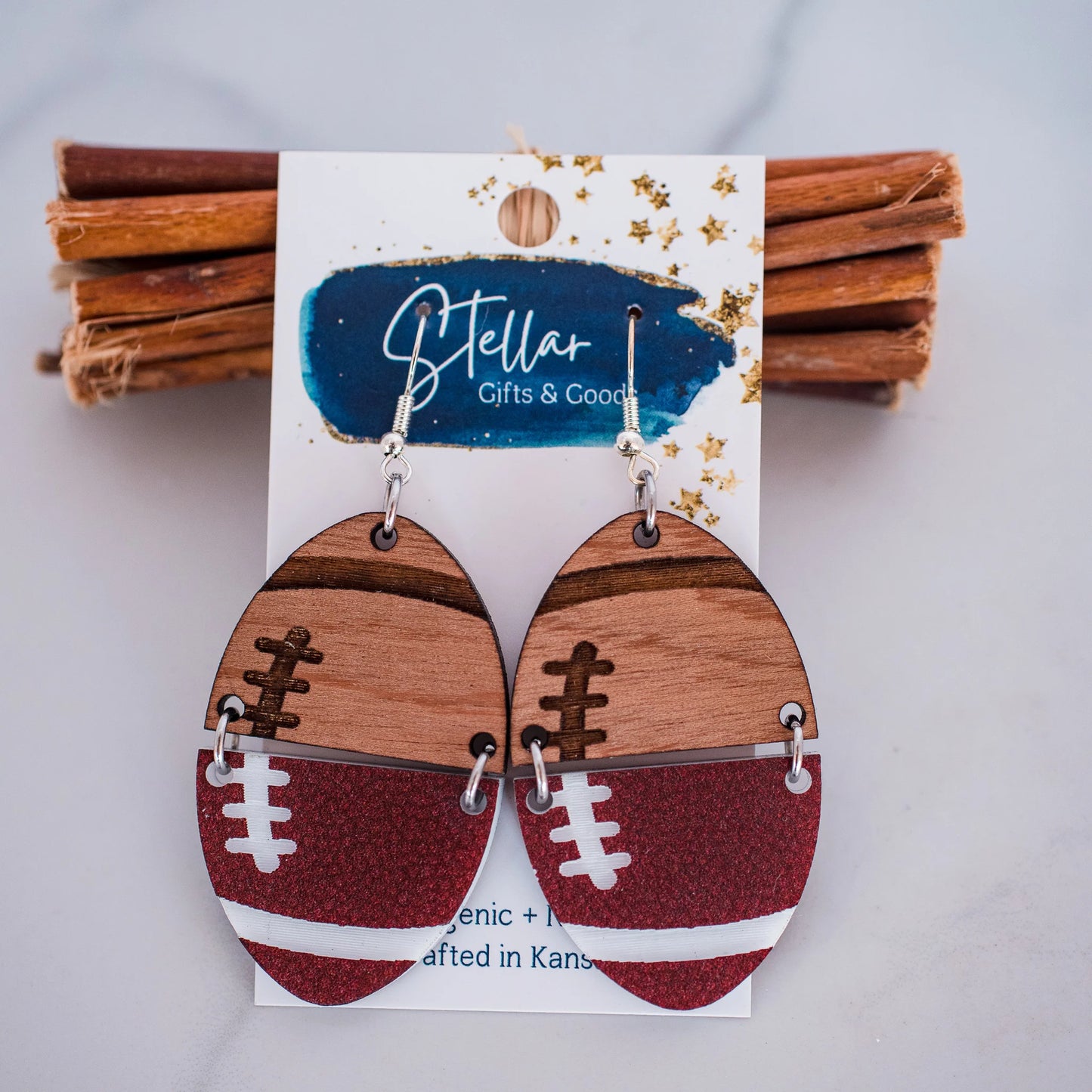 Football Split Wood Earrings