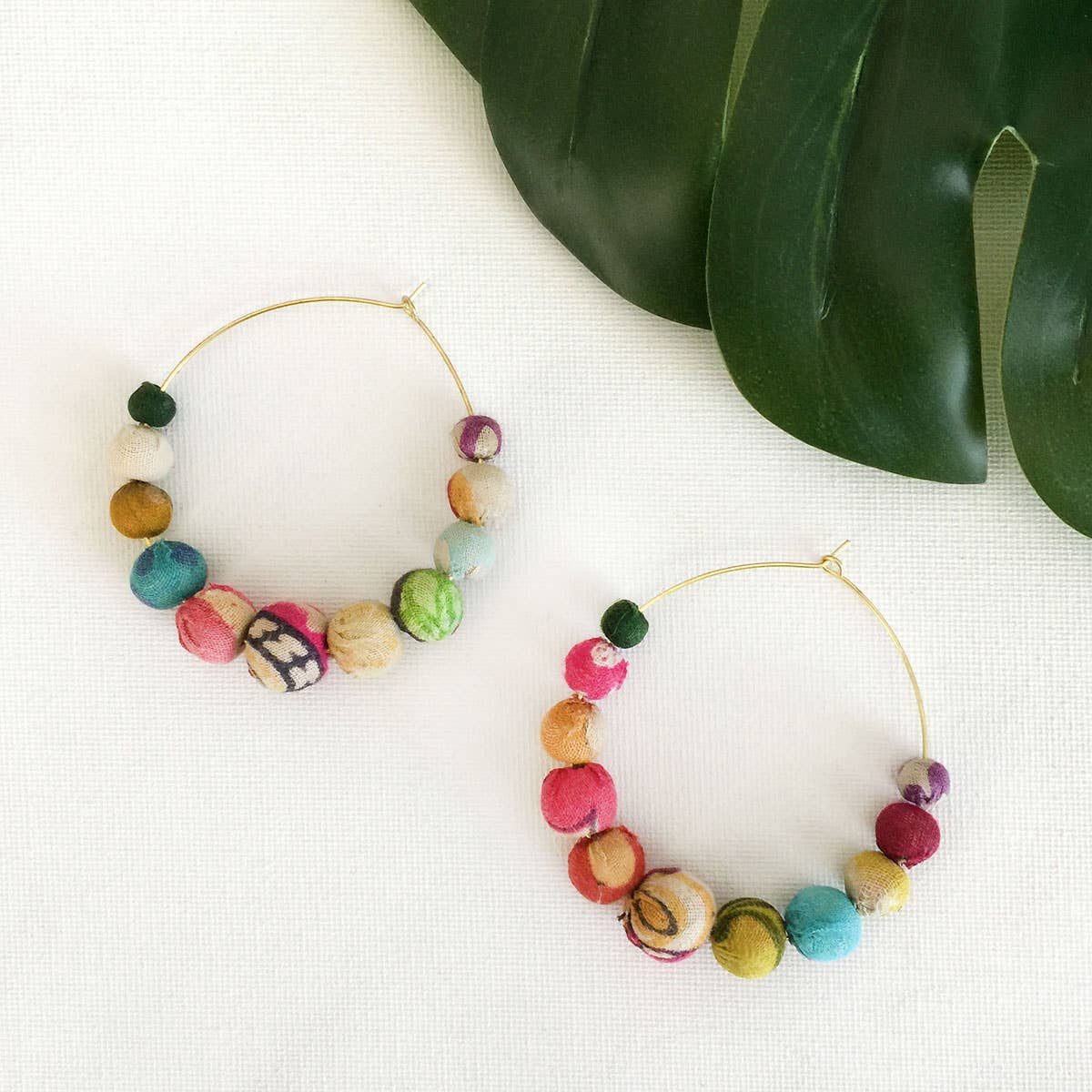 Kantha beaded hoop earrings