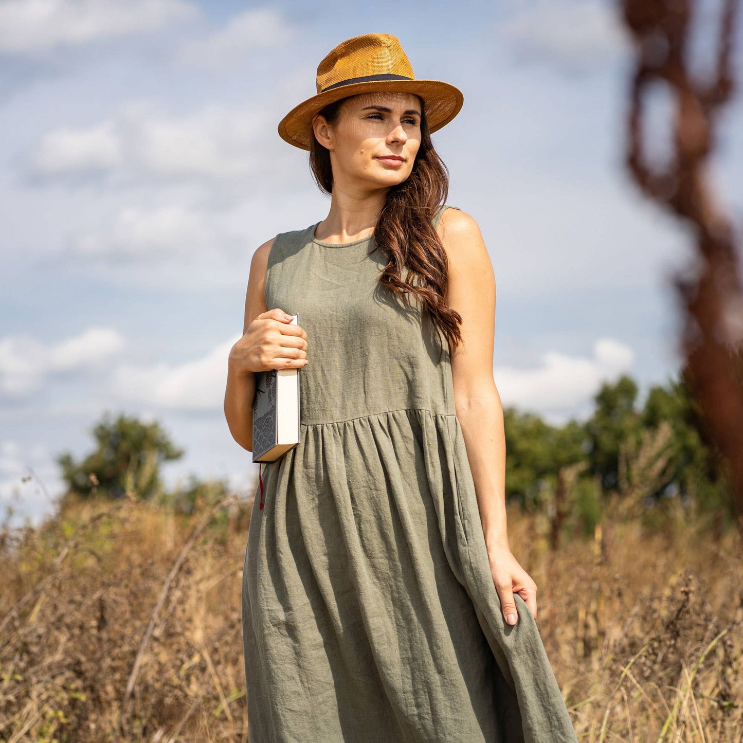 Maya Relaxed Fit Linen Dress – Stone Green