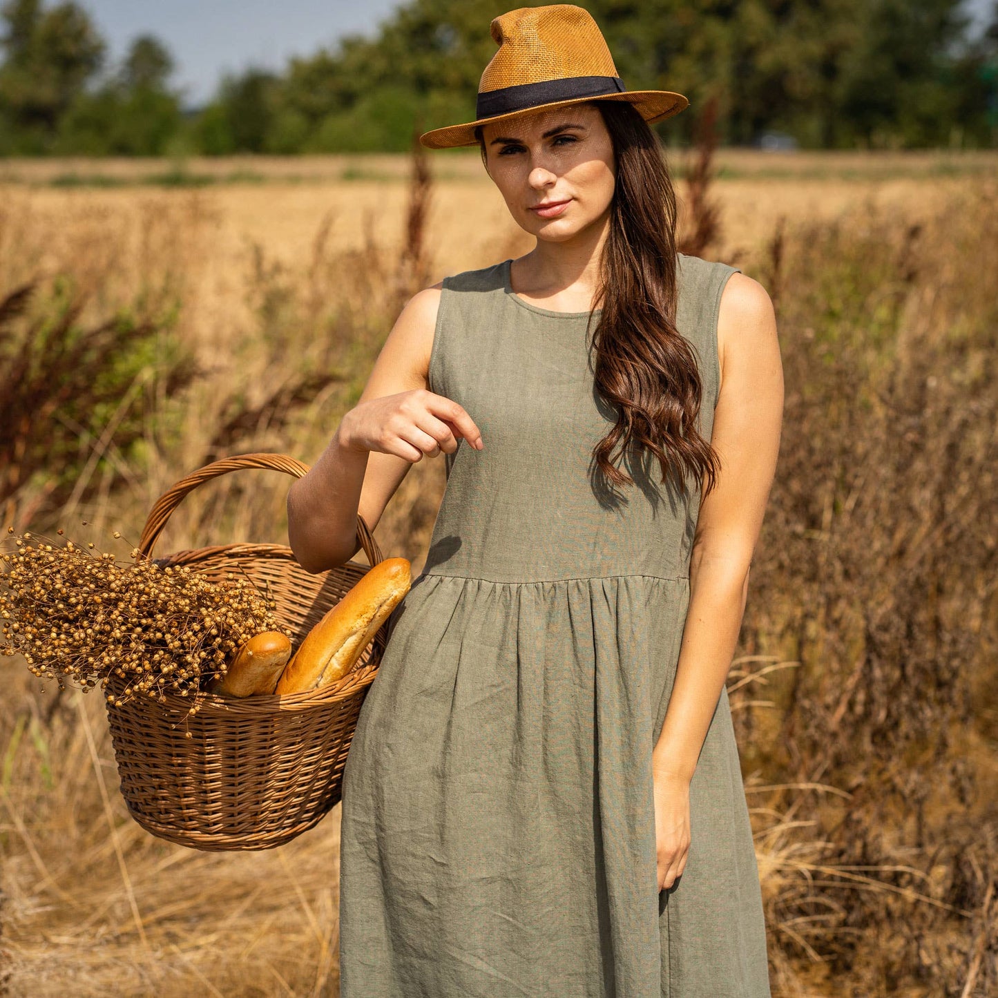 Maya Relaxed Fit Linen Dress – Stone Green