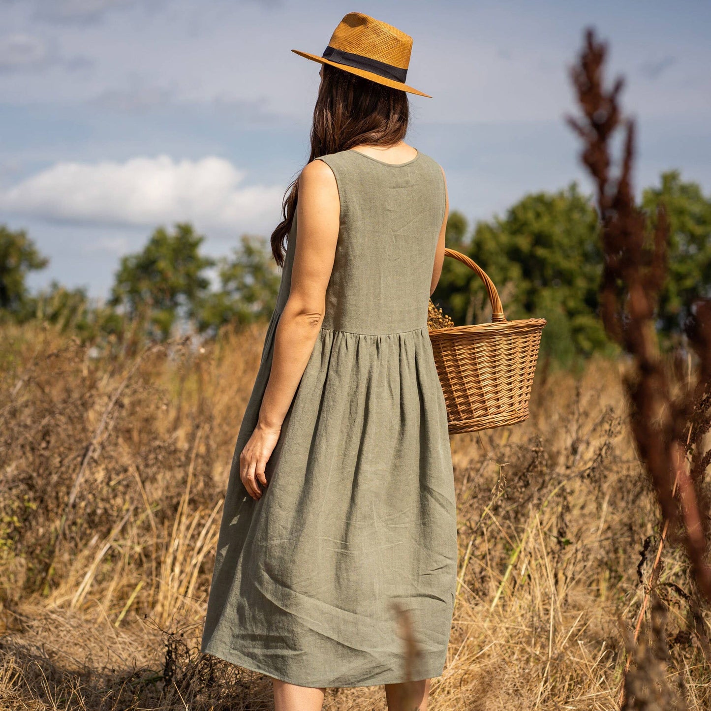 Maya Relaxed Fit Linen Dress – Stone Green