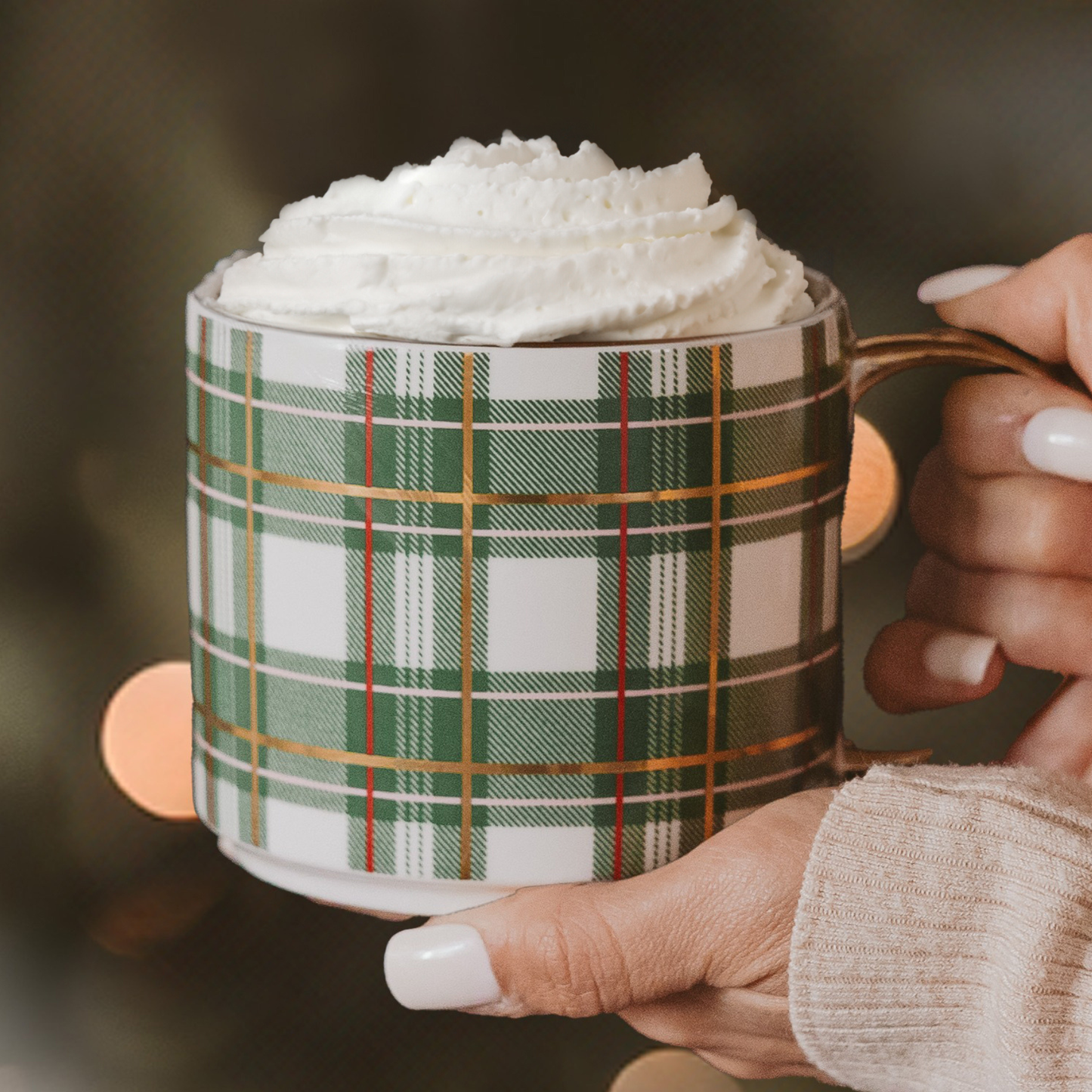 Green Plaid Bone China Coffee Mug 17oz