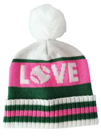 winter tennis pom hat with Love across the front