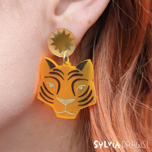 Orange and Gold Tiger Dangle Earrings with Sunburst