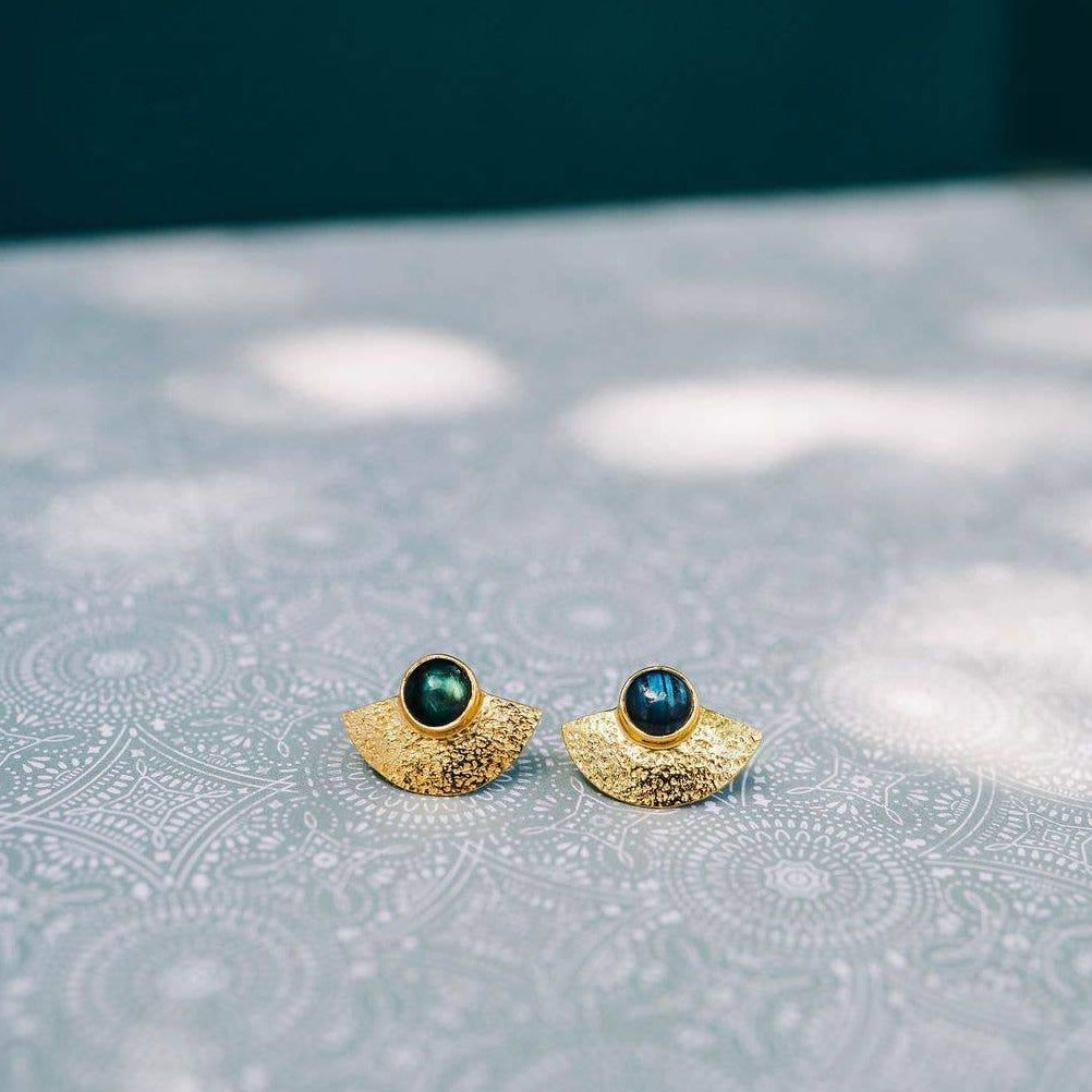 gold plated fan earrings with labradorite
