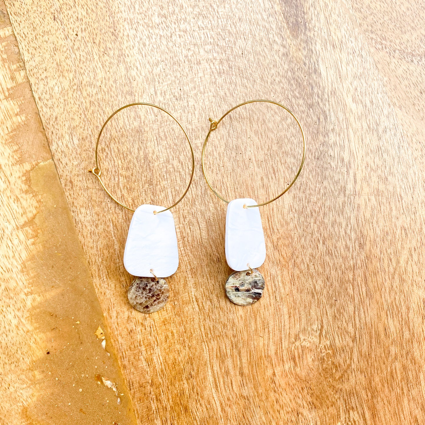 Clay and shell hoop earrings