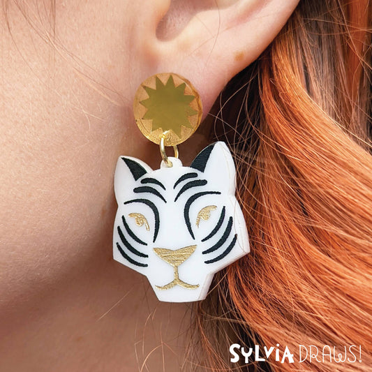 White and Gold Tiger Dangle Earrings with Sunburst